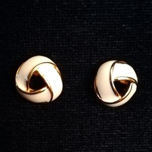 Enameled White & Gold Celtic Knot Earrings by Monet